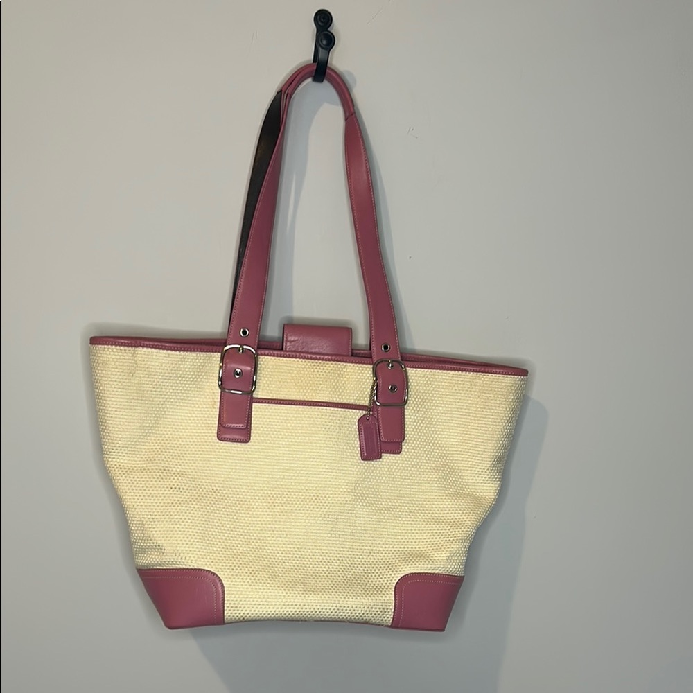Coach Cream and Pink straw Tote with leather trim